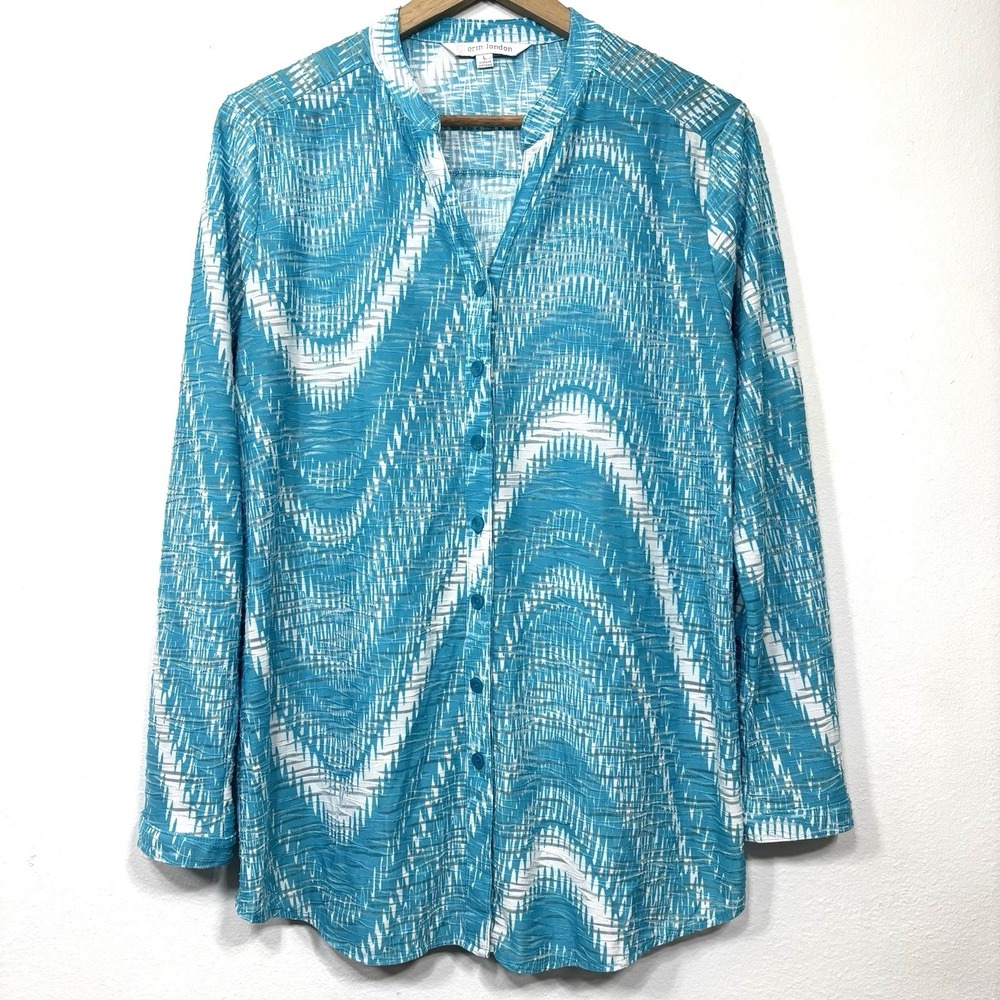 Erin‎ London Women's Large Blue Abstract Wave Print Roll Tab Button Down Shirt